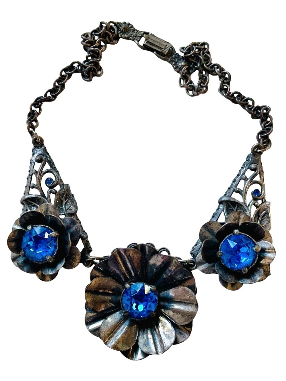 Vintage Mid-Century Victorian Revival Sapphire Blue And Silver Floral Necklace